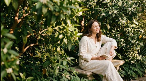Serene woman in natural linen immersed in a botanical garden