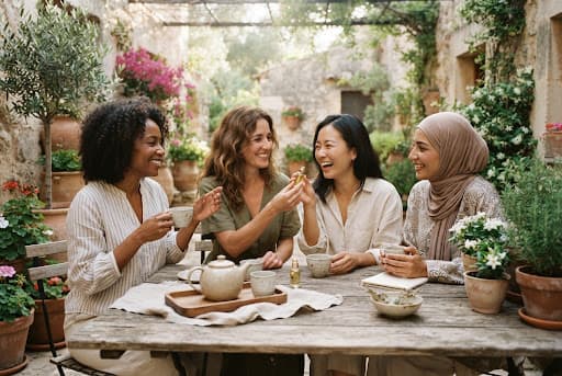 Close friends conversing and sharing scent in an outdoor garden courtyard
